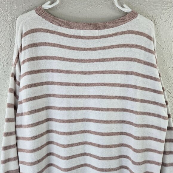 Barefoot Dreams Tunic Sweater Knit Brown White Striped Pullover Cozy Casual Top - Picture 8 of 13